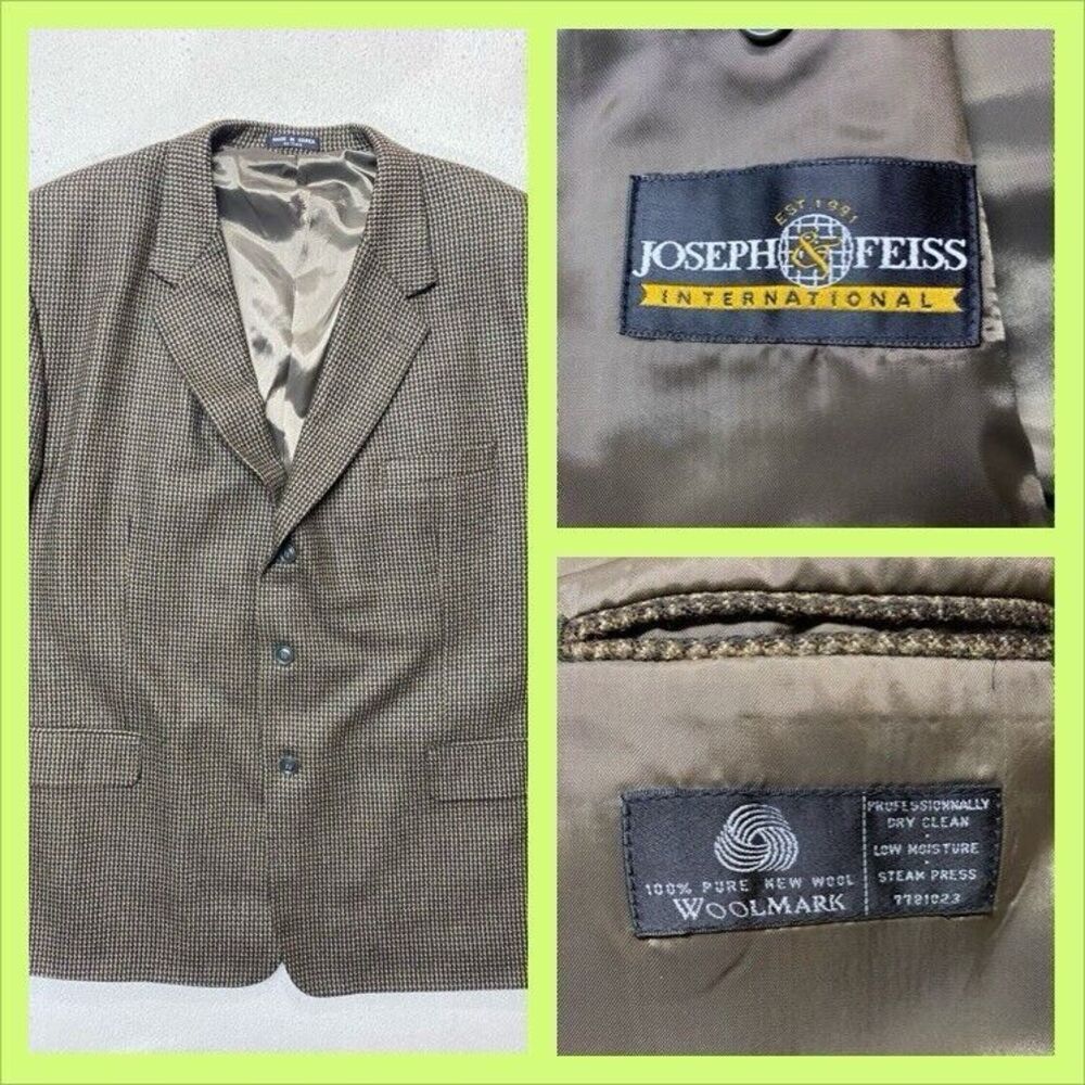 Joseph & Feiss Wool Brown Houndstooth Blazer Men 52R 3 Button Front & Sleeve